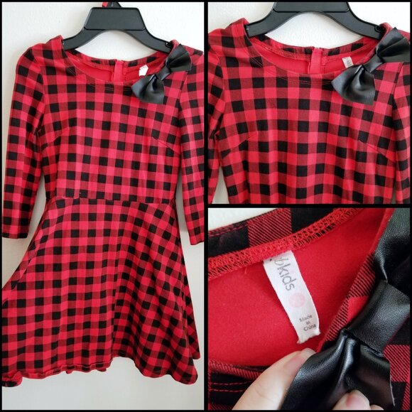 Girls Red Black Plaid Dress ✦ Fabkids XL ✦ Vegan Leather Bow ✦ Holiday Partywear - Picture 4 of 6